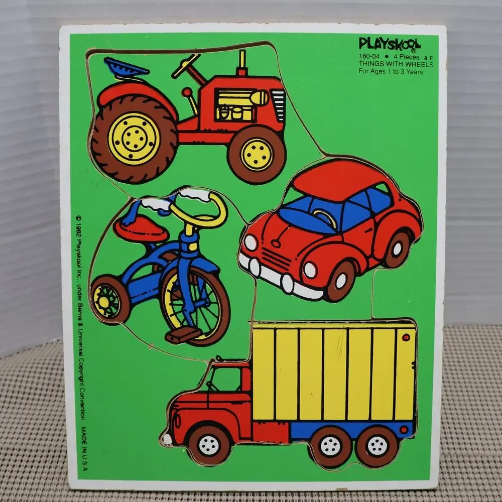 Vintage Playskool Things With Wheels Wooden Peg Puzzle Ages 1-3 (1982) 180-04